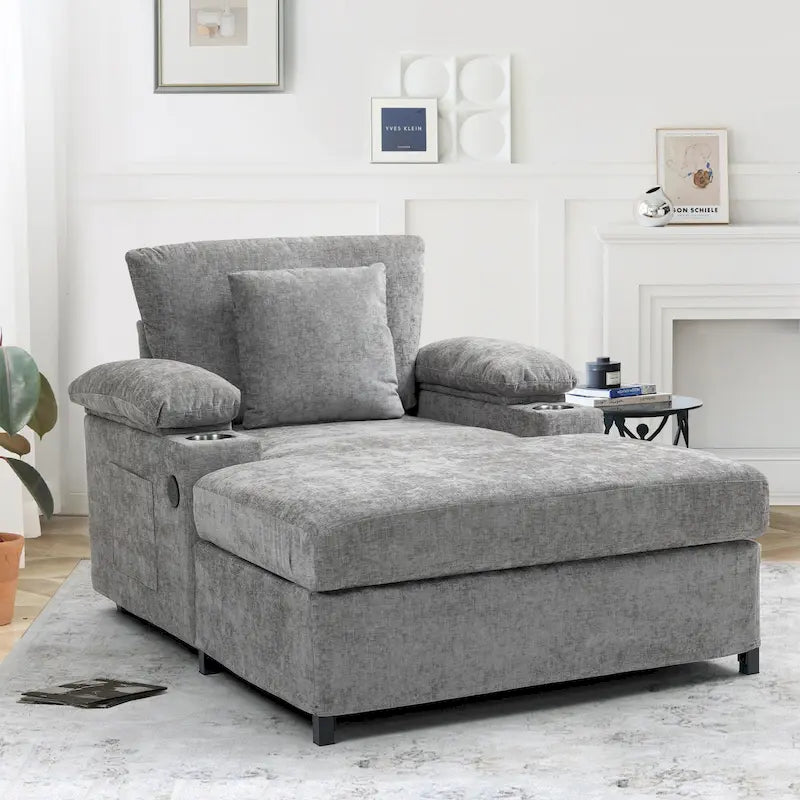 Fauteuil-lit Oversize en chenille Ethan Blake avec pouf, rangement et port de charge USB pour salon et appartement