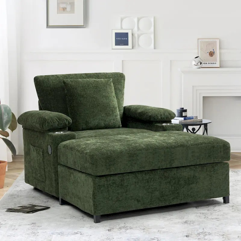 Fauteuil-lit Oversize en chenille Ethan Blake avec pouf, rangement et port de charge USB pour salon et appartement