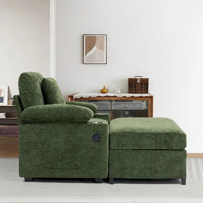Fauteuil-lit Oversize en chenille Ethan Blake avec pouf, rangement et port de charge USB pour salon et appartement