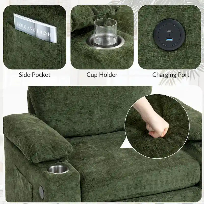 Fauteuil-lit Oversize en chenille Ethan Blake avec pouf, rangement et port de charge USB pour salon et appartement