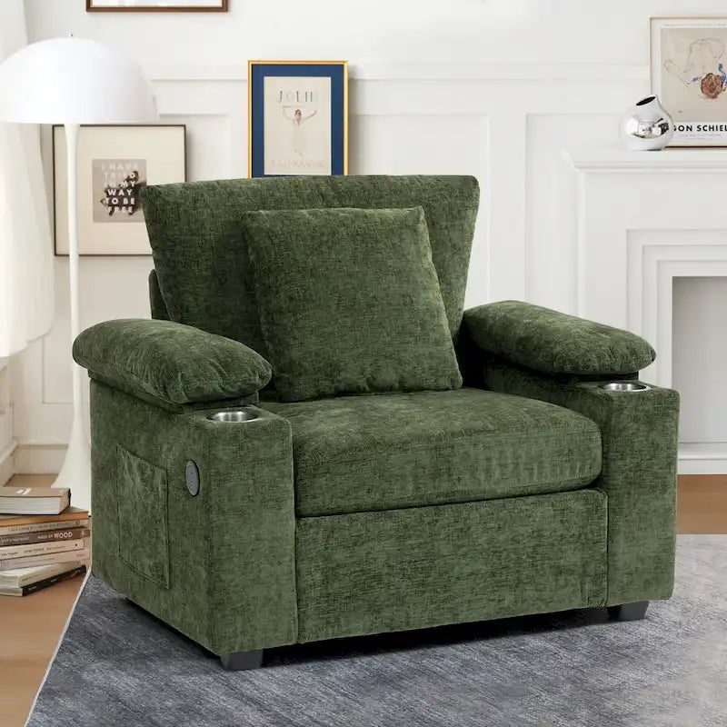 Fauteuil-lit Oversize en chenille Ethan Blake avec pouf, rangement et port de charge USB pour salon et appartement