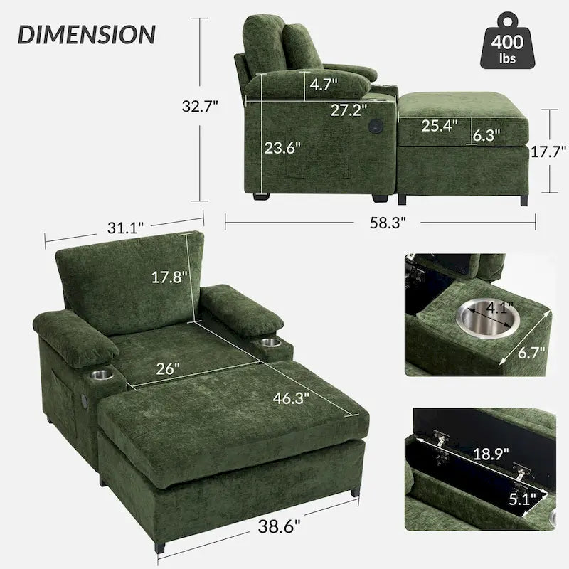 Fauteuil-lit Oversize en chenille Ethan Blake avec pouf, rangement et port de charge USB pour salon et appartement