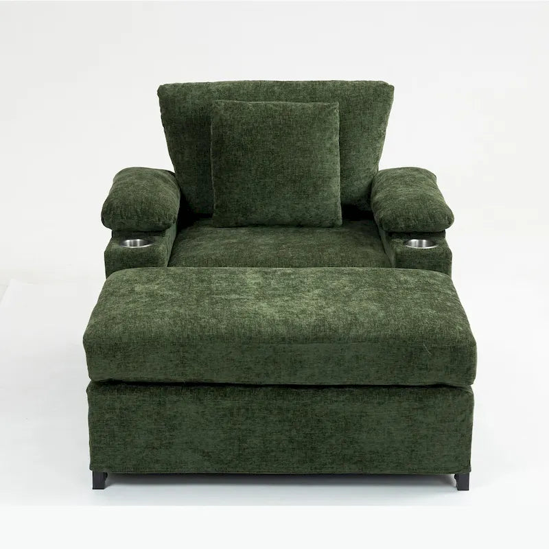 Fauteuil-lit Oversize en chenille Ethan Blake avec pouf, rangement et port de charge USB pour salon et appartement