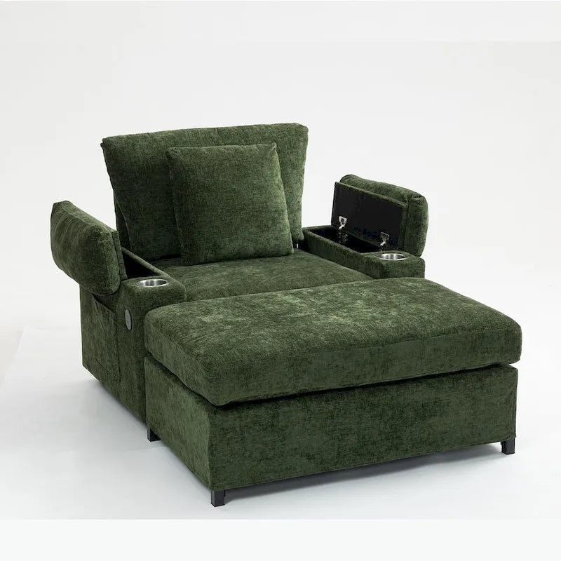 Fauteuil-lit Oversize en chenille Ethan Blake avec pouf, rangement et port de charge USB pour salon et appartement