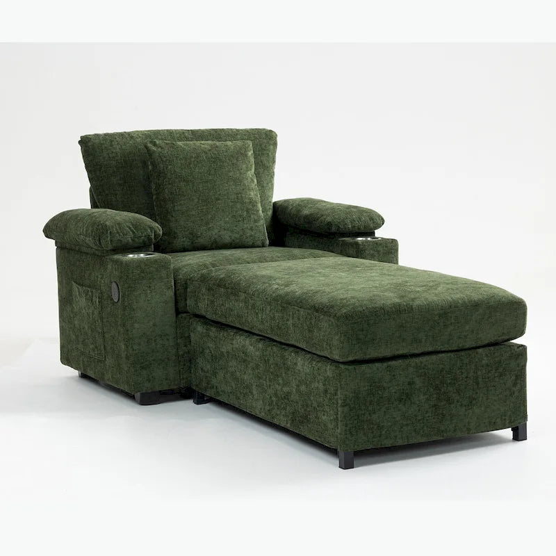 Fauteuil-lit Oversize en chenille Ethan Blake avec pouf, rangement et port de charge USB pour salon et appartement