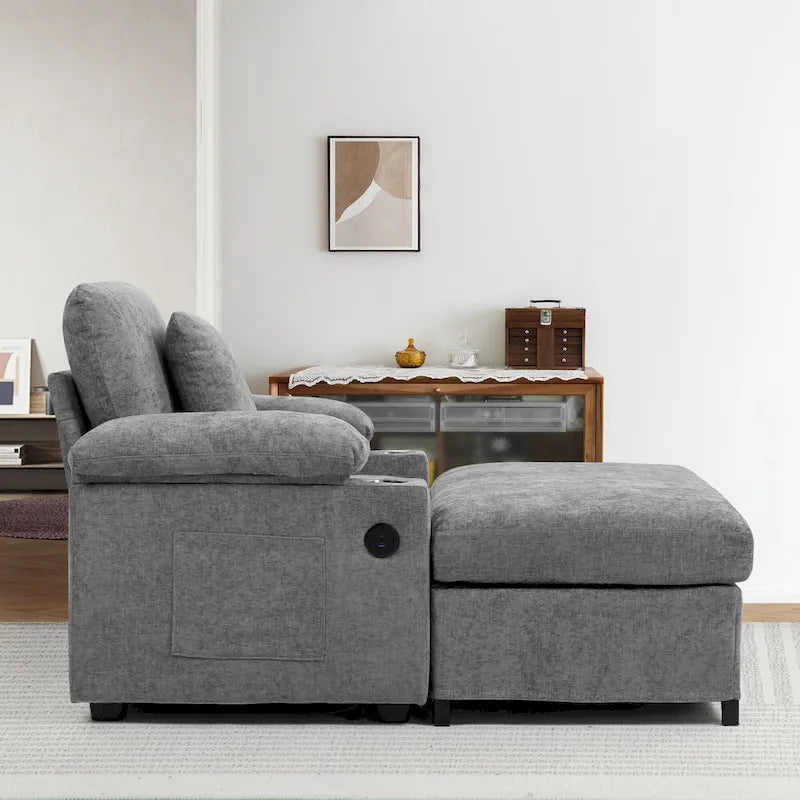 Fauteuil-lit Oversize en chenille Ethan Blake avec pouf, rangement et port de charge USB pour salon et appartement