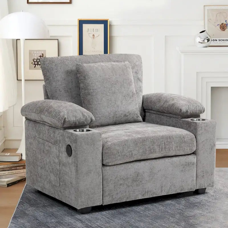 Fauteuil-lit Oversize en chenille Ethan Blake avec pouf, rangement et port de charge USB pour salon et appartement