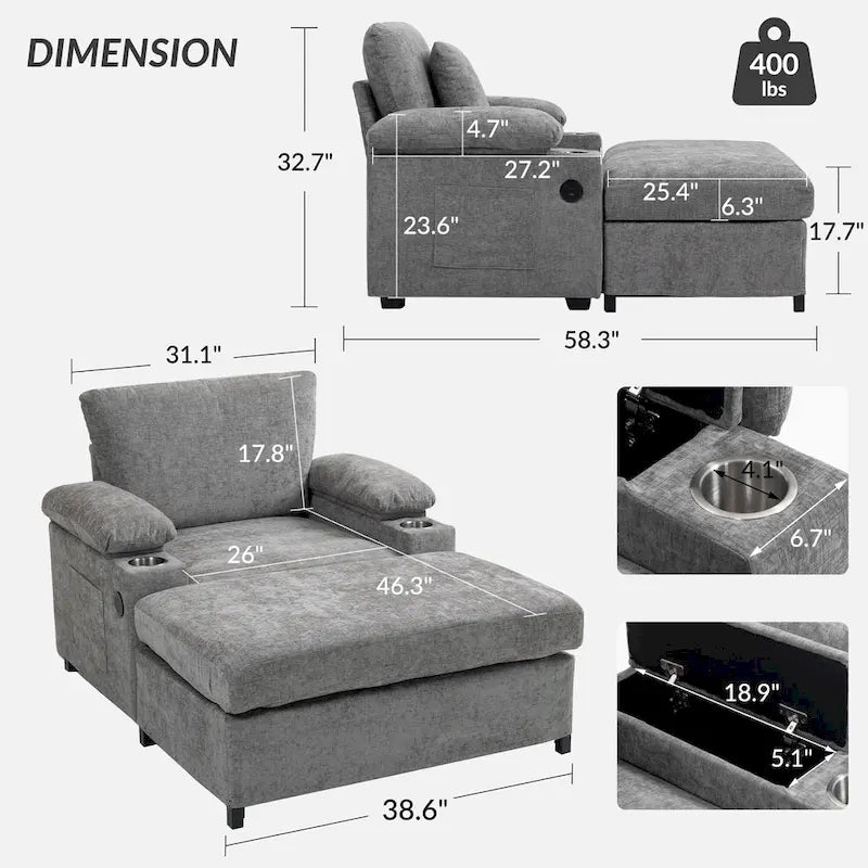 Fauteuil-lit Oversize en chenille Ethan Blake avec pouf, rangement et port de charge USB pour salon et appartement