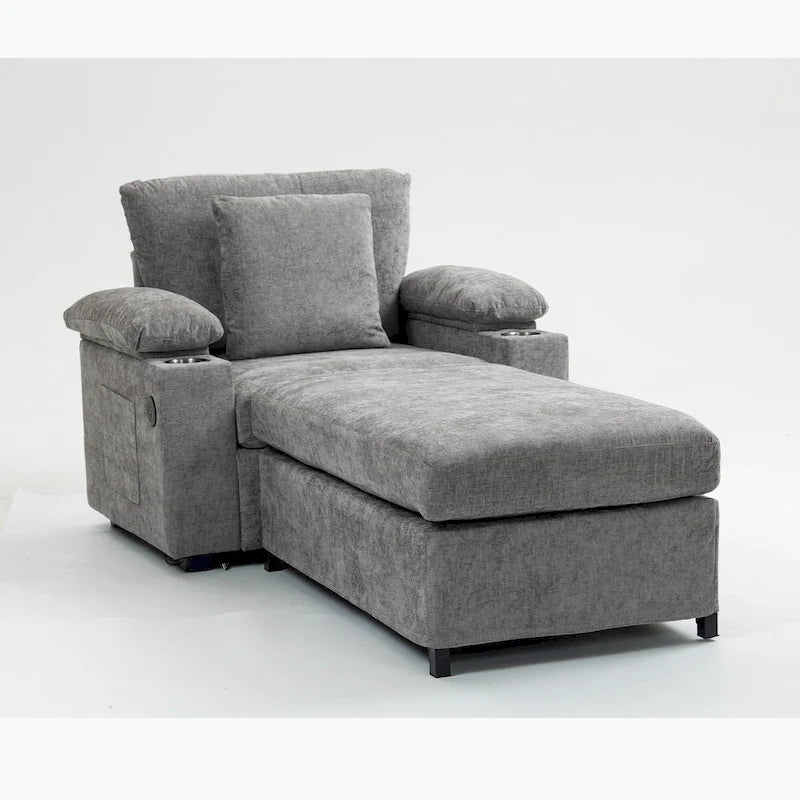 Fauteuil-lit Oversize en chenille Ethan Blake avec pouf, rangement et port de charge USB pour salon et appartement