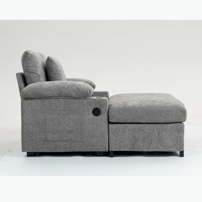 Fauteuil-lit Oversize en chenille Ethan Blake avec pouf, rangement et port de charge USB pour salon et appartement