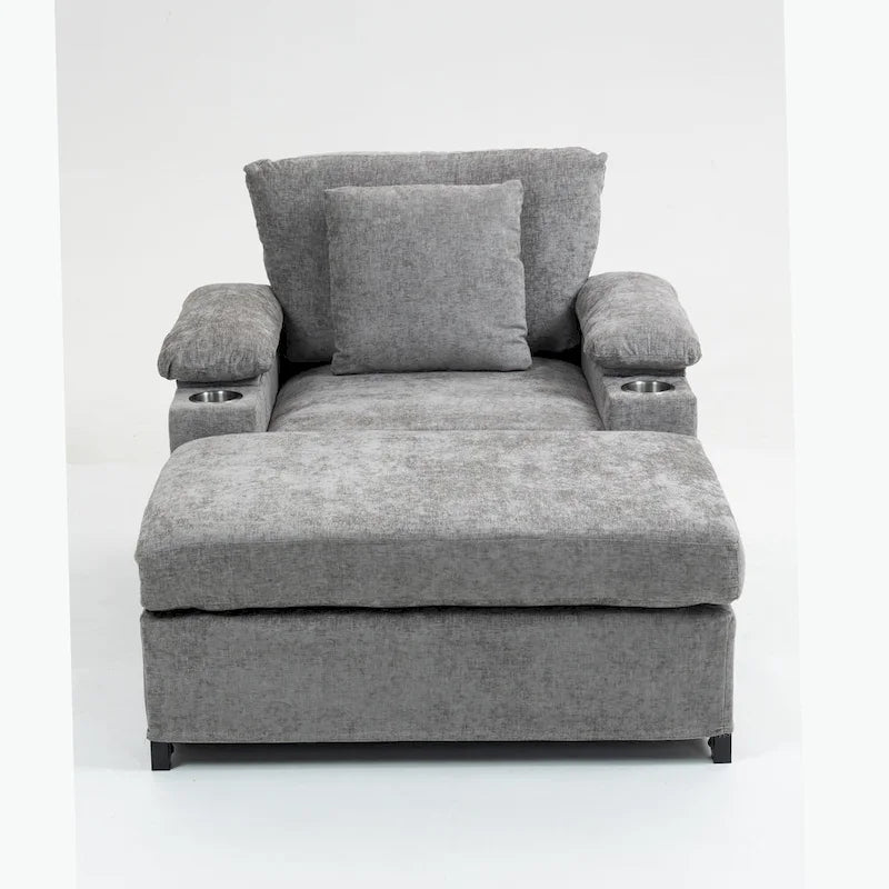 Fauteuil-lit Oversize en chenille Ethan Blake avec pouf, rangement et port de charge USB pour salon et appartement