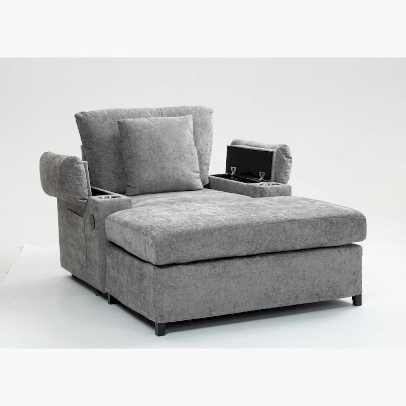 Fauteuil-lit Oversize en chenille Ethan Blake avec pouf, rangement et port de charge USB pour salon et appartement