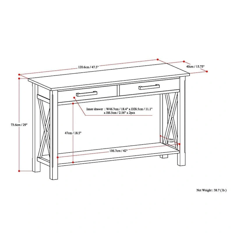 WYNDENHALL Waterloo Table console contemporaine en bois massif de 47 pouces de large - 47,4 pouces de large