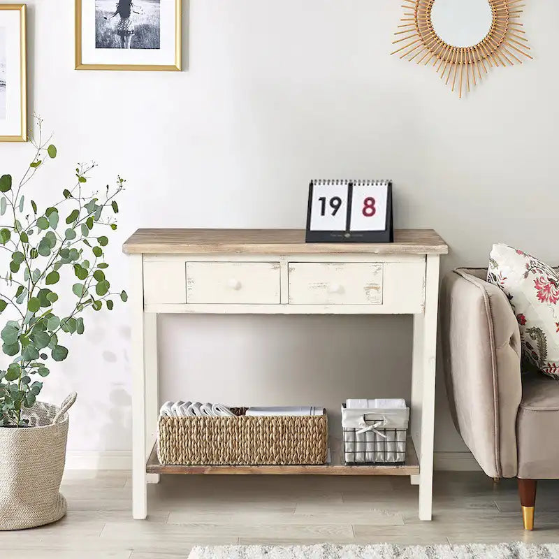 Distressed White and Brown Wood 2-drawer Console Table - 31.5H x 35.4 W x 15.55 D