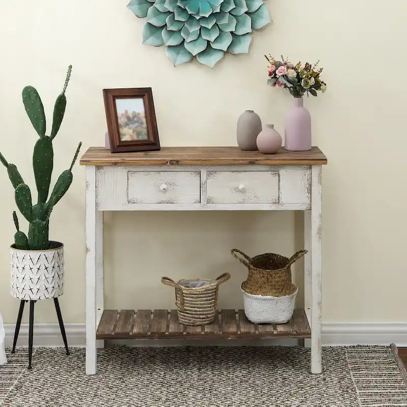Console de 2 tiroirs en bois vieilli blanc et marron - 31,5 H x 35,4 L x 15,55 P