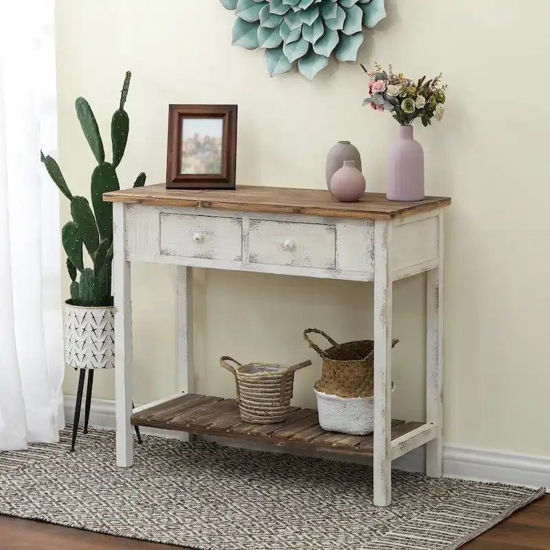 Console de 2 tiroirs en bois vieilli blanc et marron - 31,5 H x 35,4 L x 15,55 P