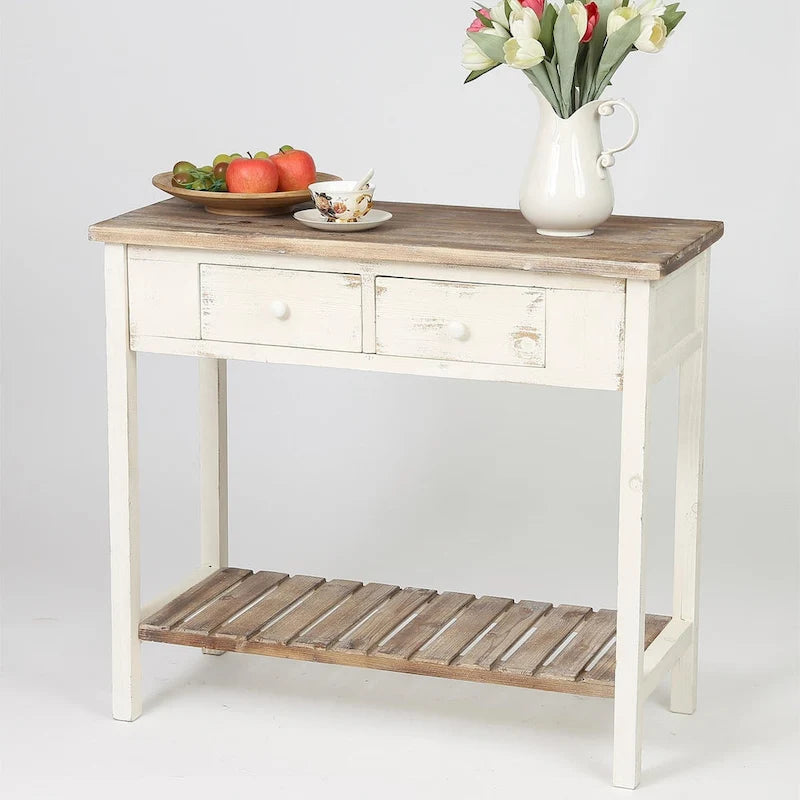 Console de 2 tiroirs en bois vieilli blanc et marron - 31,5 H x 35,4 L x 15,55 P