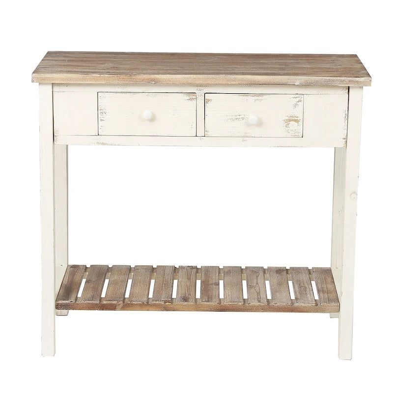 Console de 2 tiroirs en bois vieilli blanc et marron - 31,5 H x 35,4 L x 15,55 P