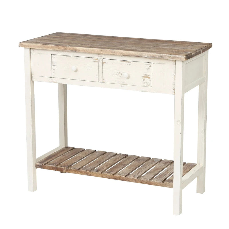 Console de 2 tiroirs en bois vieilli blanc et marron - 31,5 H x 35,4 L x 15,55 P