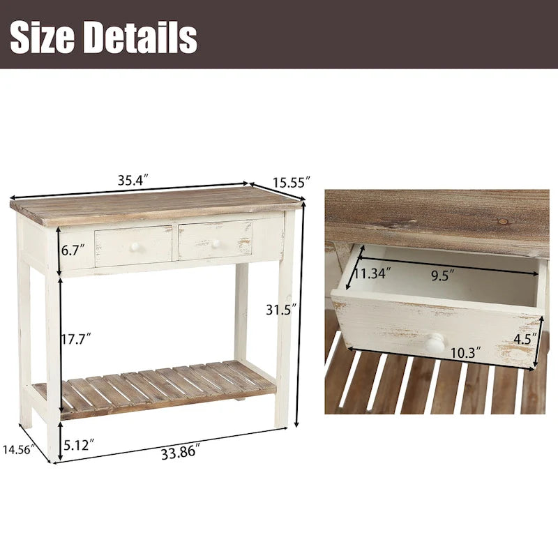 Console de 2 tiroirs en bois vieilli blanc et marron - 31,5 H x 35,4 L x 15,55 P