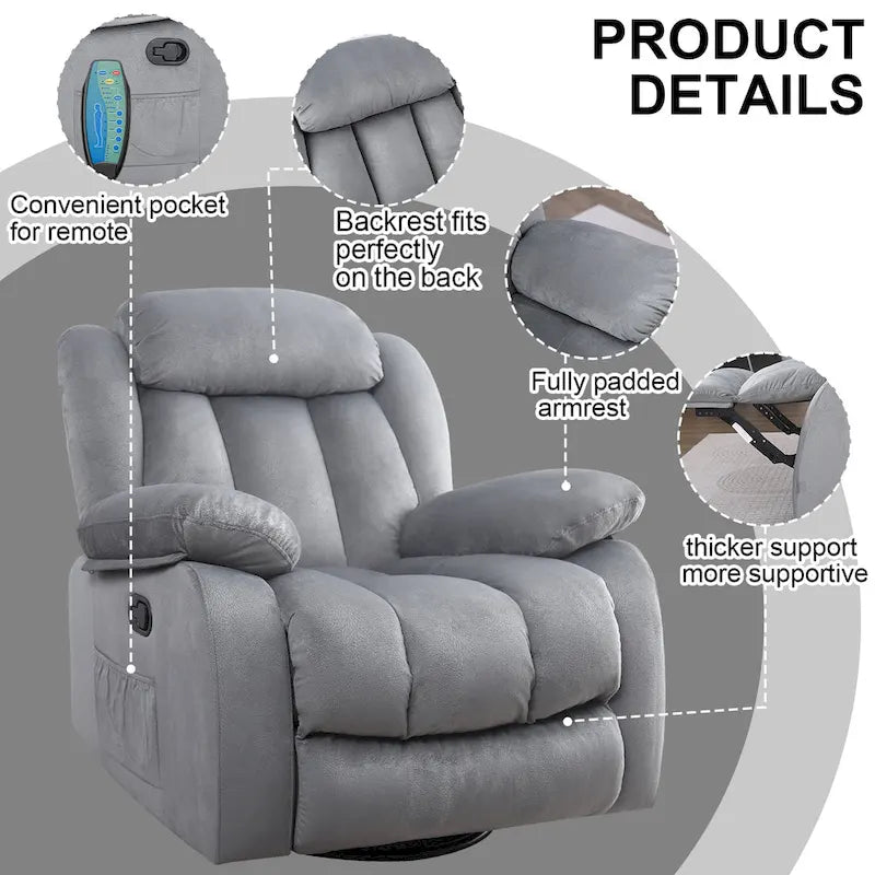 Fauteuil inclinable manuel rembourré en tissu doux avec masseur et fonction chauffante