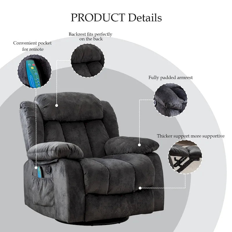 Fauteuil inclinable manuel rembourré en tissu doux avec masseur et fonction chauffante