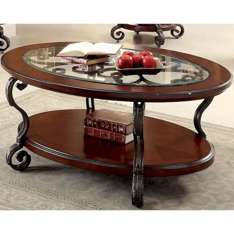 Table basse Cienna à plateau en verre de 48 po et 1 étagère, motif enroulé, finition cerisier marron traditionnel