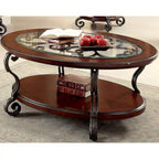 Table basse Cienna à plateau en verre de 48 po et 1 étagère, motif enroulé, finition cerisier marron traditionnel
