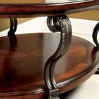 Table basse Cienna à plateau en verre de 48 po et 1 étagère, motif enroulé, finition cerisier marron traditionnel