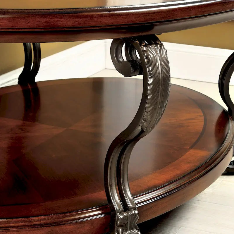 Table basse Cienna à plateau en verre de 48 po et 1 étagère, motif enroulé, finition cerisier marron traditionnel