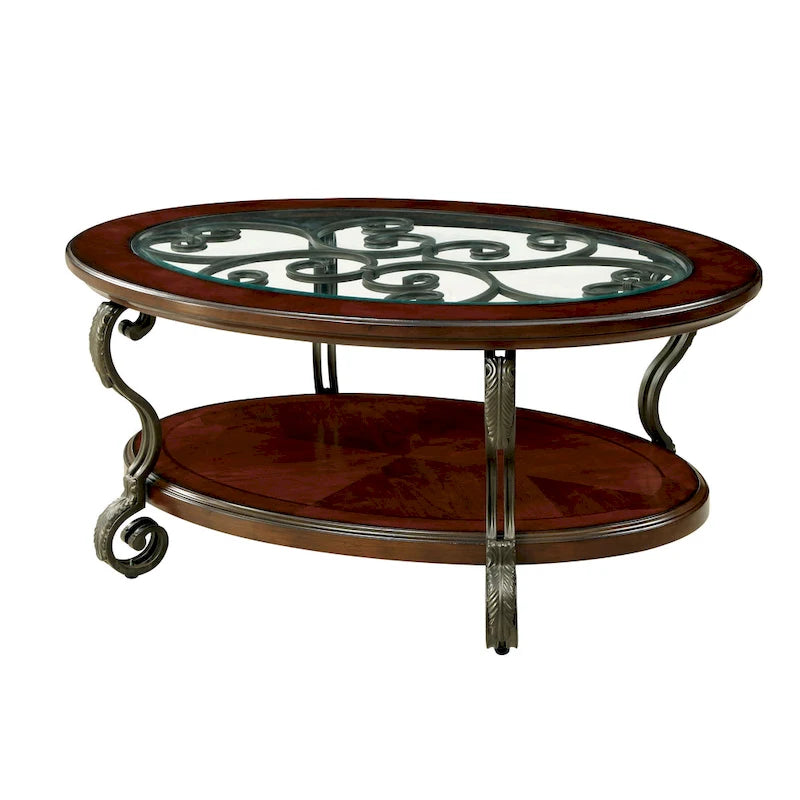 Table basse Cienna à plateau en verre de 48 po et 1 étagère, motif enroulé, finition cerisier marron traditionnel