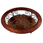 Table basse Cienna à plateau en verre de 48 po et 1 étagère, motif enroulé, finition cerisier marron traditionnel