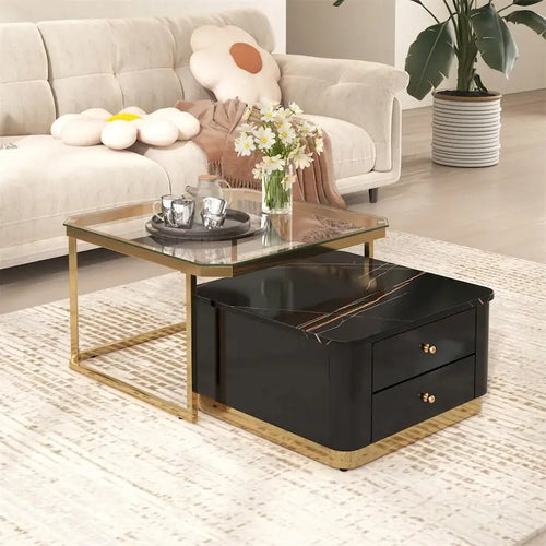 2 tables basses gigognes avec tiroirs et pieds dorés électroplaqués
