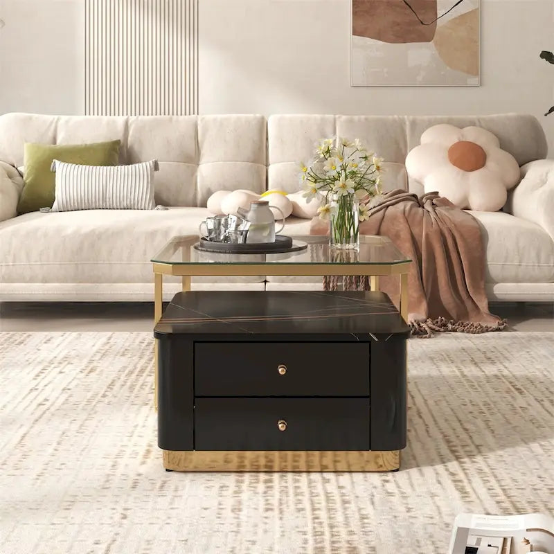 2 tables basses gigognes avec tiroirs et pieds dorés électroplaqués