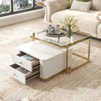 2 tables basses gigognes avec tiroirs et pieds dorés électroplaqués