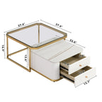 2 tables basses gigognes avec tiroirs et pieds dorés électroplaqués