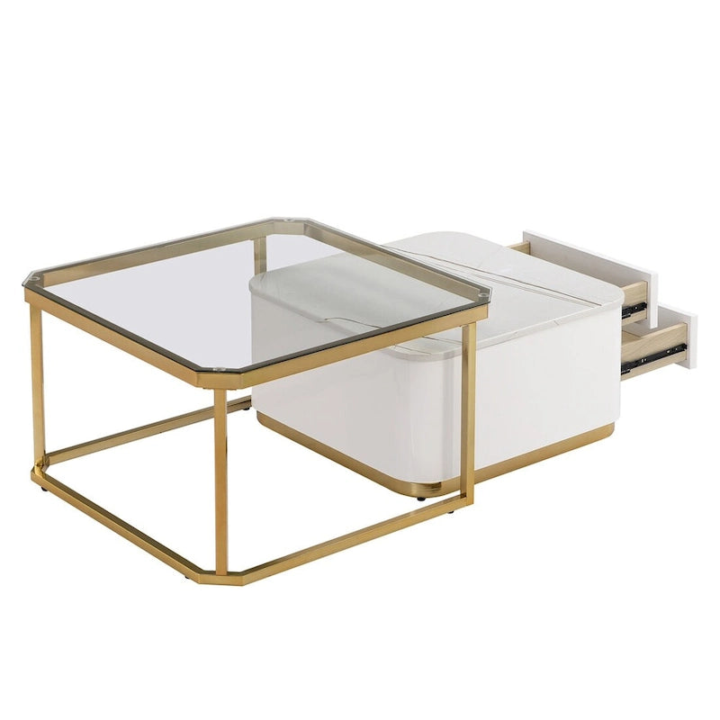 2 tables basses gigognes avec tiroirs et pieds dorés électroplaqués