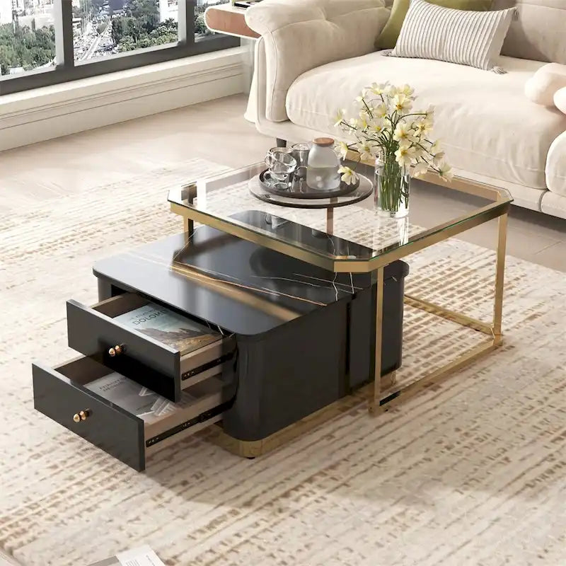 2 tables basses gigognes avec tiroirs et pieds dorés électroplaqués