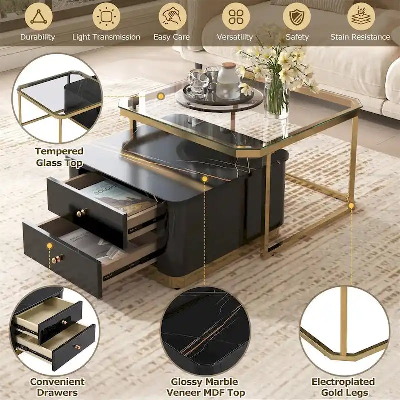 2 tables basses gigognes avec tiroirs et pieds dorés électroplaqués