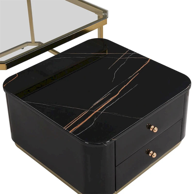 2 tables basses gigognes avec tiroirs et pieds dorés électroplaqués